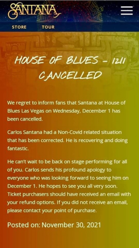 CARLOS SANTANA Cancels Las Vegas Residency Shows Following Heart Scare
